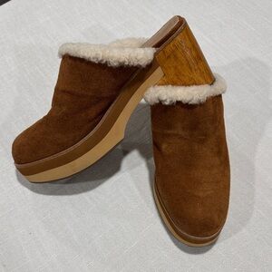 Bernardo Tan Suede Shearling Clogs